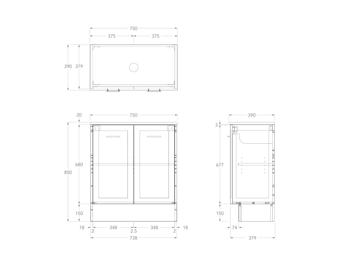 Technical Drawing - Kado Lux Ensuite All Door 750mm Floor Mount Centre Basin 20mm Top
