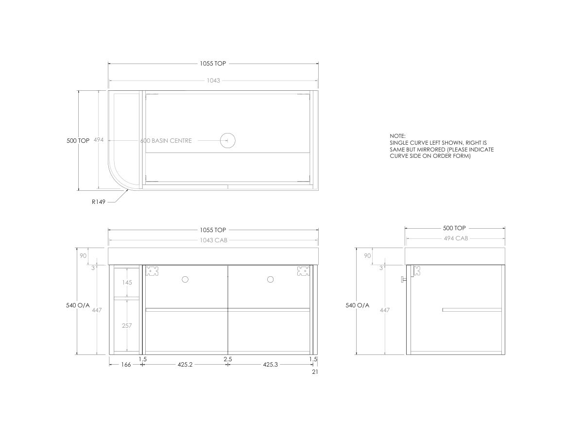 Technical Drawing - Kado Era Single Curve All Door 1050mm Wall Hung Vanity Centre Basin 90mm Durasein Top