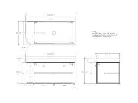Technical Drawing - Kado Era Single Curve All Door 1050mm Wall Hung Vanity Centre Basin 90mm Durasein Top