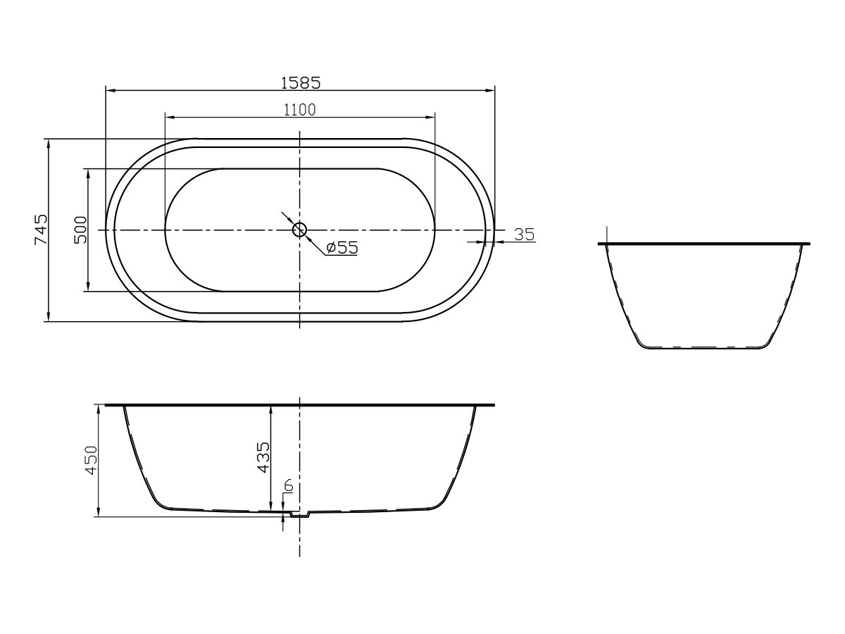 Posh Solus Oval Inset Bath 1585mm x 745mm White