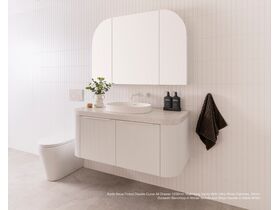 Kado Neue Fluted Double Curve All Drawer 1200mm Wall Hung vanity with Ultra White cabinets, 50mm Durasein benchtop in Winter Woods and Blaze handle in Matte White