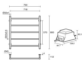 Technical Drawing  - Mizu Drift MK2 750 x 800mm Heated Towel Rail Low Voltage 24V