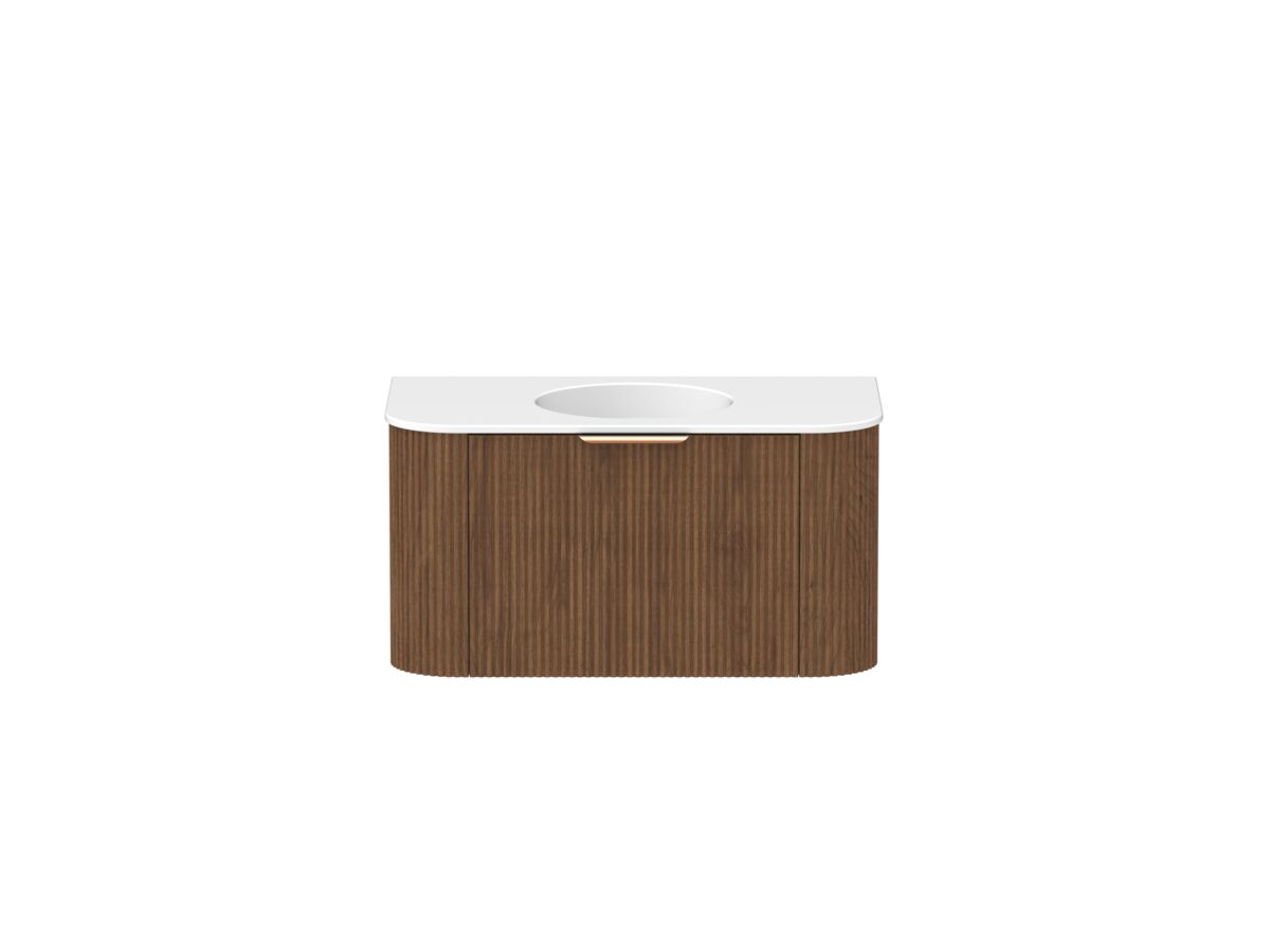 Hero - Kado Neue Fluted Double Curve 900mm Wall Hung Vanity Centre Basin Matte White Ceramic Top Florentine Walnut