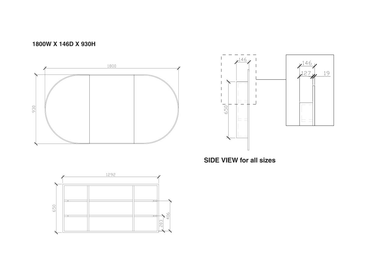 ISSY Halo 1800 x 930mm Rounded Triple Mirror with Shaving Cabinet