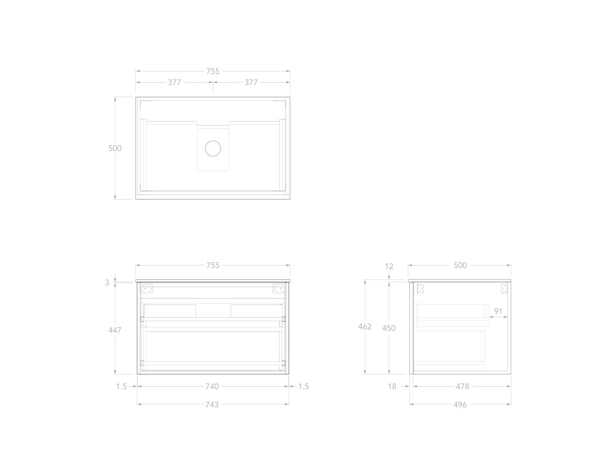 Technical Drawing - Kado Lux Slim All Drawer 750mm Wall Hung Vanity with Centre Basin Durasein Top 12mm