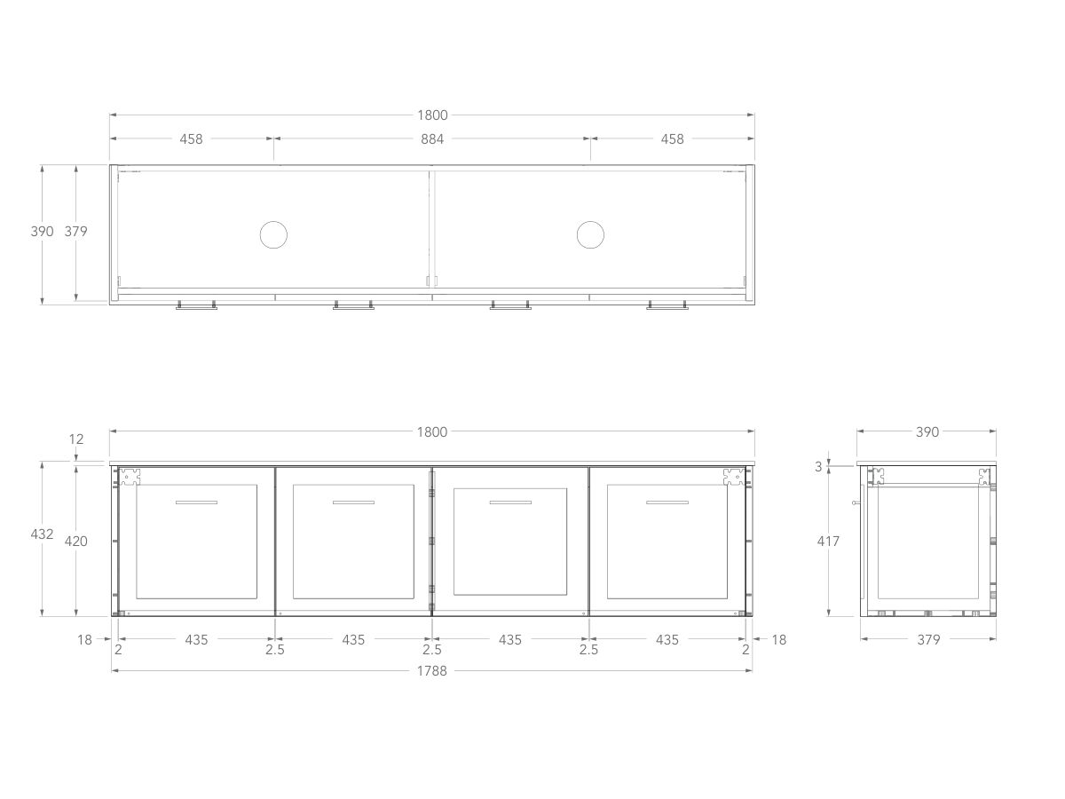 Technical Drawing - Kado Lux Ensuite All Door 1800mm Wall Hung Double Basin 12mm Durasein Top