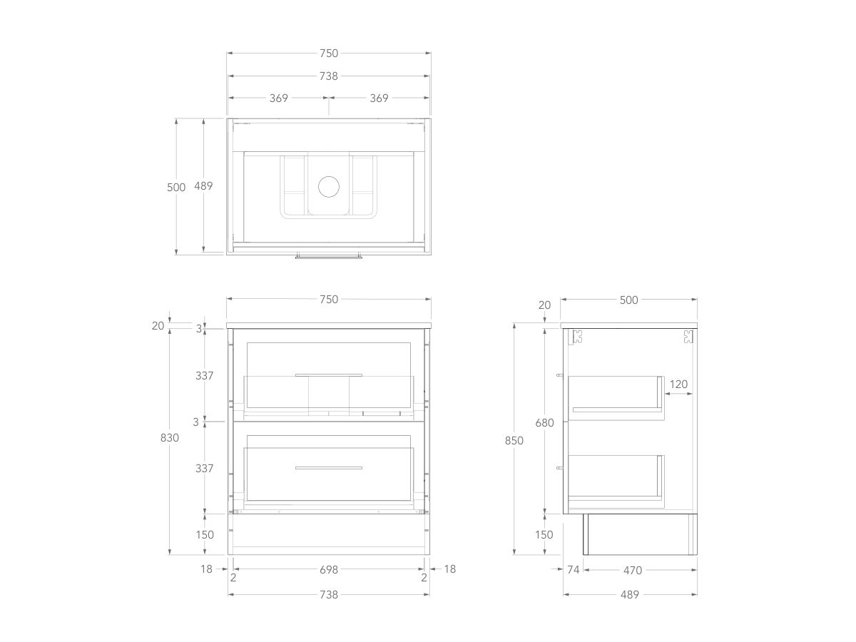 Kado Lux Floor Mounted 750mm with Kickboard 2 Drawer Single Centre Vanity (No Basin)