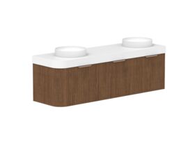 Hero - Kado Neue Fluted Single Curve All Drawer 1650mm Wall Hung Vanity with Double Basin Durasein 90mm Top Florentine Walnut