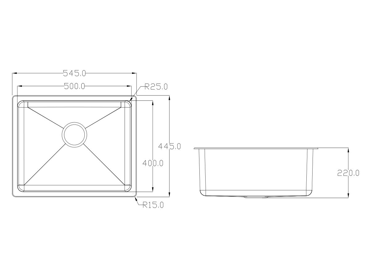 Memo Hugo Extended Single Bowl Sink No Taphole Stainless Steel