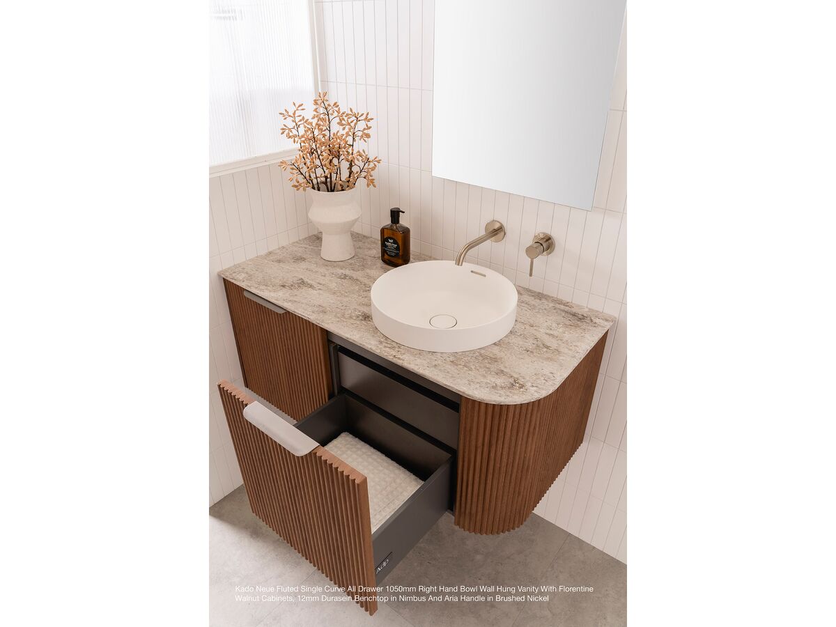 Kado Neue Fluted Single Curve All Drawer 1050mm right hand bowl Wall Hung vanity with Florentine Walnut cabinets, 12mm Durasein benchtop in Nimbus and Aria handle in Brushed Nickel