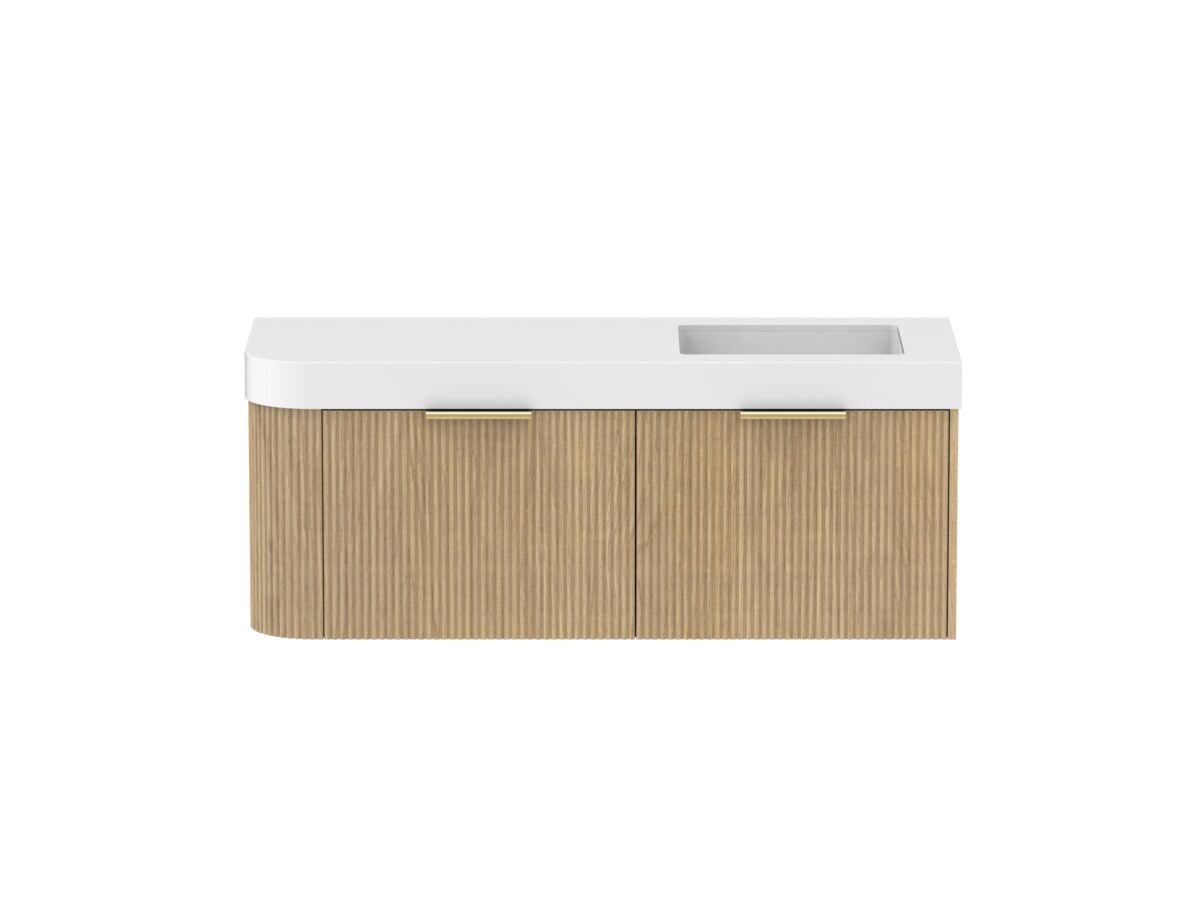 Supporting Image - Kado Neue Fluted Single Curve All Drawer 1350mm Wall Hung Vanity with Right Hand Basin Durasein 90mm Top Boston Oak