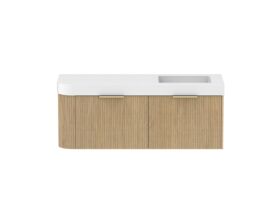 Supporting Image - Kado Neue Fluted Single Curve All Drawer 1350mm Wall Hung Vanity with Right Hand Basin Durasein 90mm Top Boston Oak