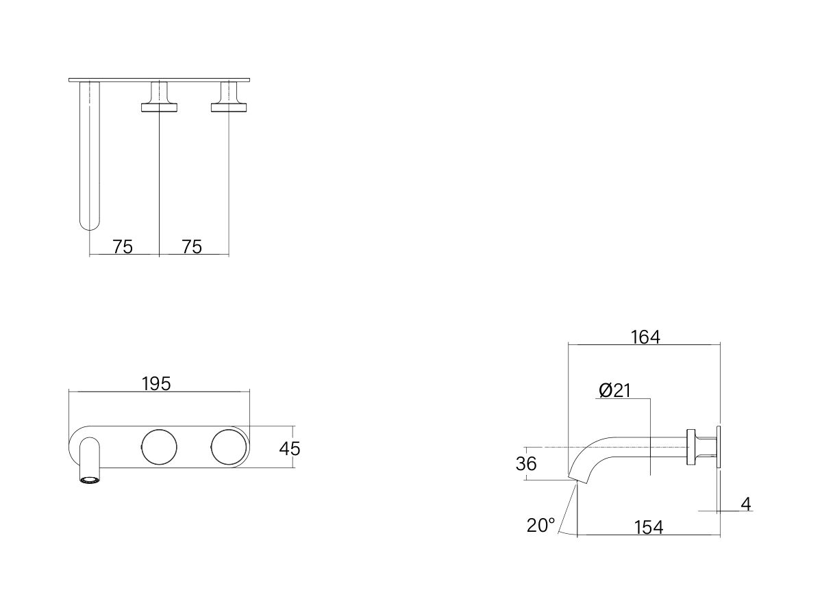 Technical Drawing - Faucet Strommen Vara Disc Wall Basin / Bath Hostess Tap System Right Hand 150mm (6 Star) Lead Free