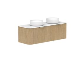 Supporting Image 2- Kado Neue Fluted Single Curve All Drawer 1350mm Wall Hung Vanity with Double Basin Durasein 12mm Top Boston Oak