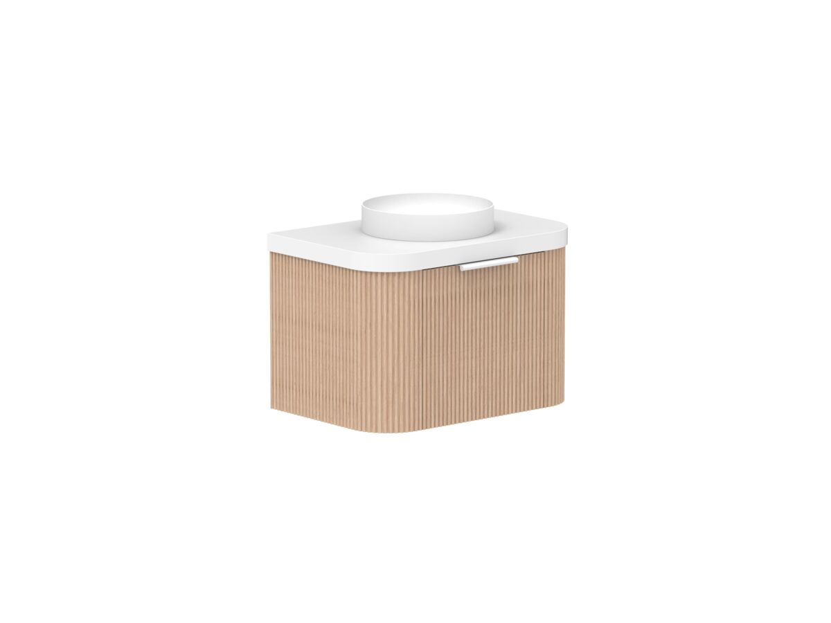 Supporting Image 2- Kado Neue Fluted Double Curve All Drawer 750mm Wall Hung Vanity with Centre Basin Durasein 50mm Top Blonde Oak