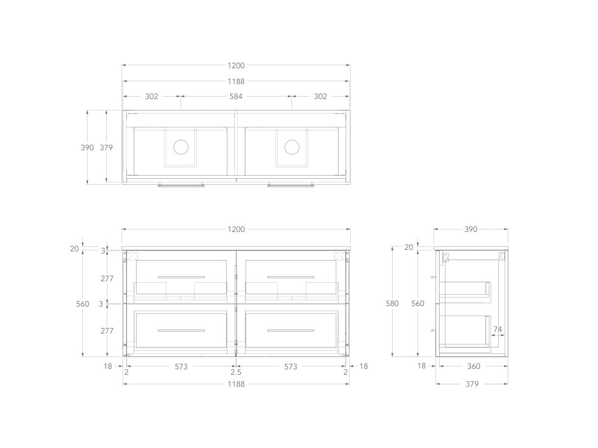 Technical Drawing - Kado Lux Ensuite All Drawer Twin 1200mm Wall Hung Double Basin 20mm Top