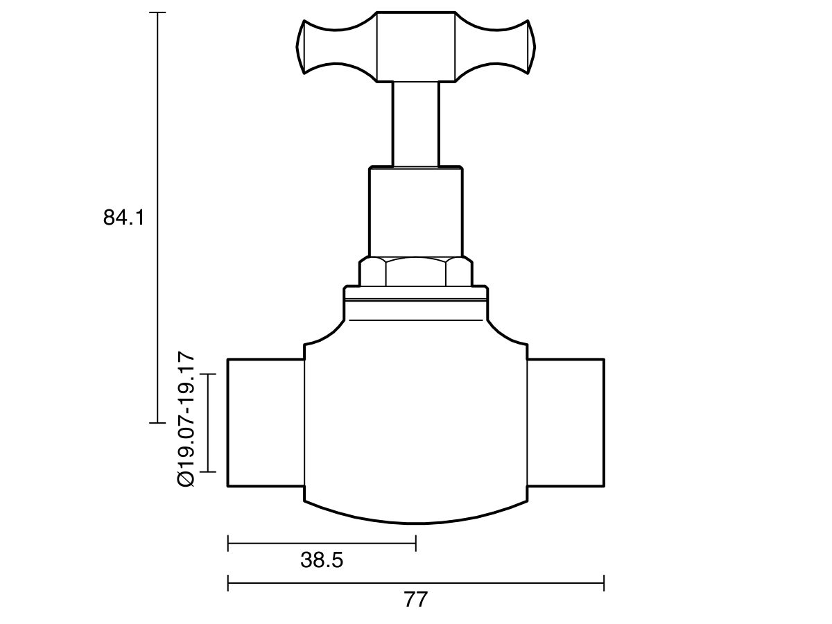 Technical Drawing - Dura Stop Tap Capillary T-Head Rough Brass 20mm Lead Free