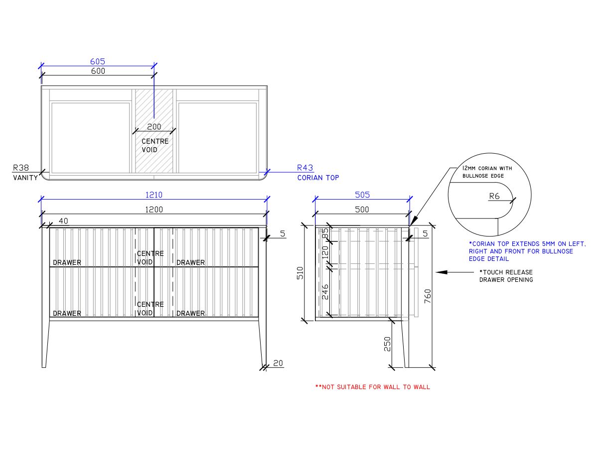 ISSY Cloud II 1200mm x 500mm x 760mm Vanity Unit with Legs 4 Touch Latch Drawers (No Basin)