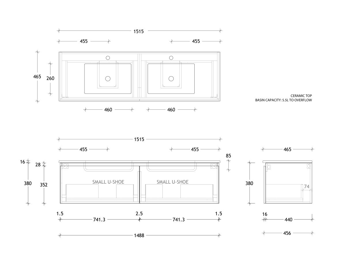 Posh Domaine All-Drawer Single 1500 Double Wall Hung Ceramic