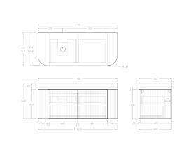 Technical Drawing - Kado Neue Fluted Double Curve All Drawer 1200mm Wall Hung Vanity with Left Hand Basin Durasein 90mm Top