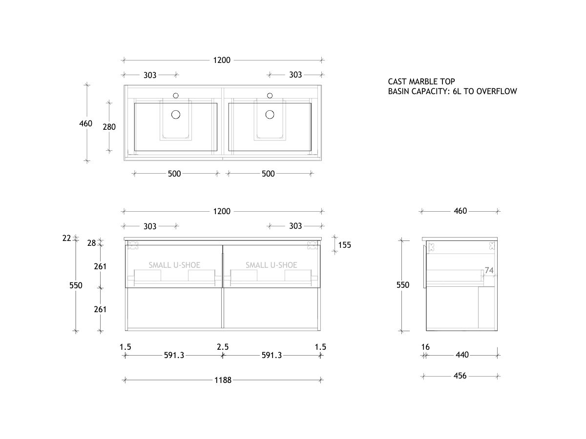 Posh Domaine Open Shelf All-Drawer 1200mm Double Bowl Wall Hung Vanity Cast Marble Top