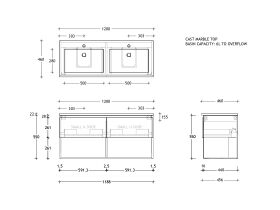 Posh Domaine Open Shelf All-Drawer 1200mm Double Bowl Wall Hung Vanity Cast Marble Top