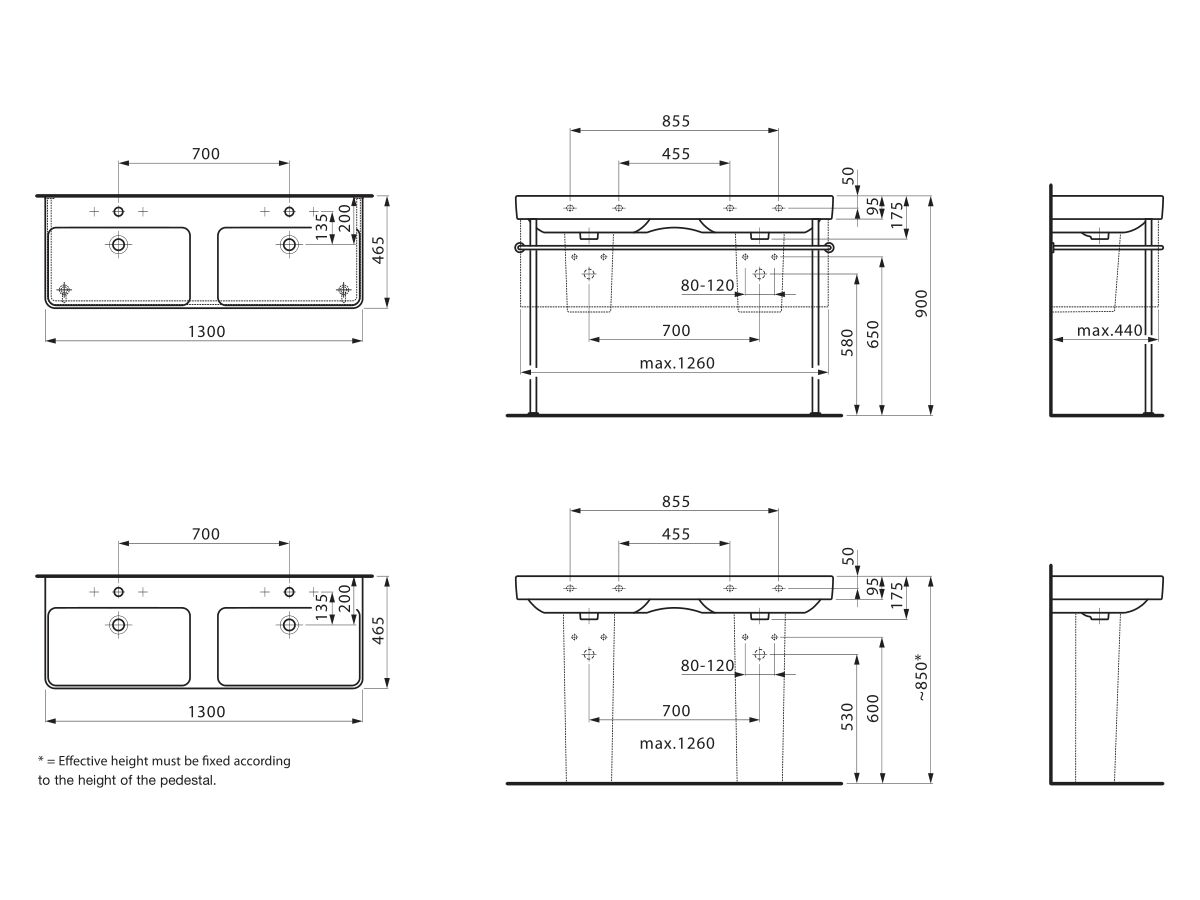 LAUFEN Pro S Double Wall Basin 2 Tap Hole with Overflow 1300x465 White