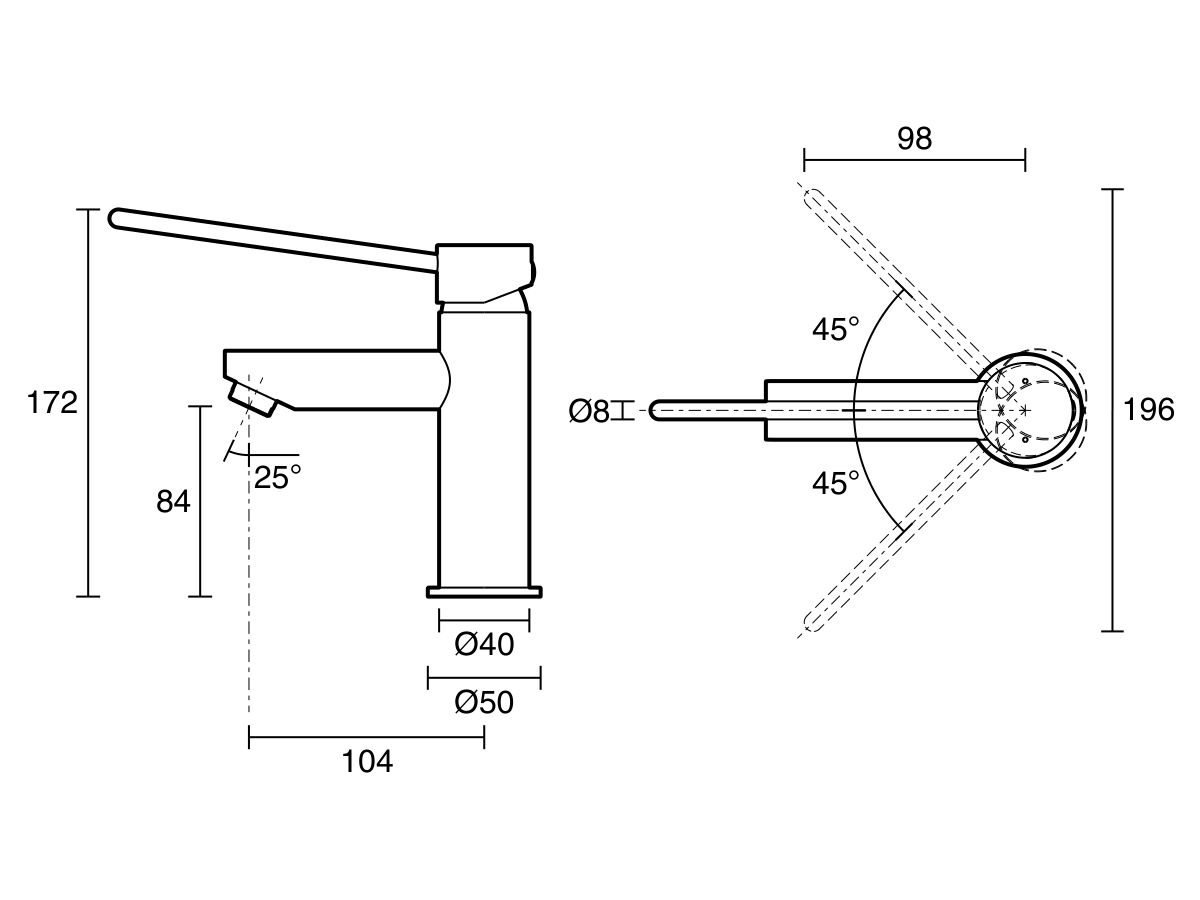 Technical Drawing - Posh Bristol Pin Basin Mixer Tap with Extended Lever (5 Star) Lead Free