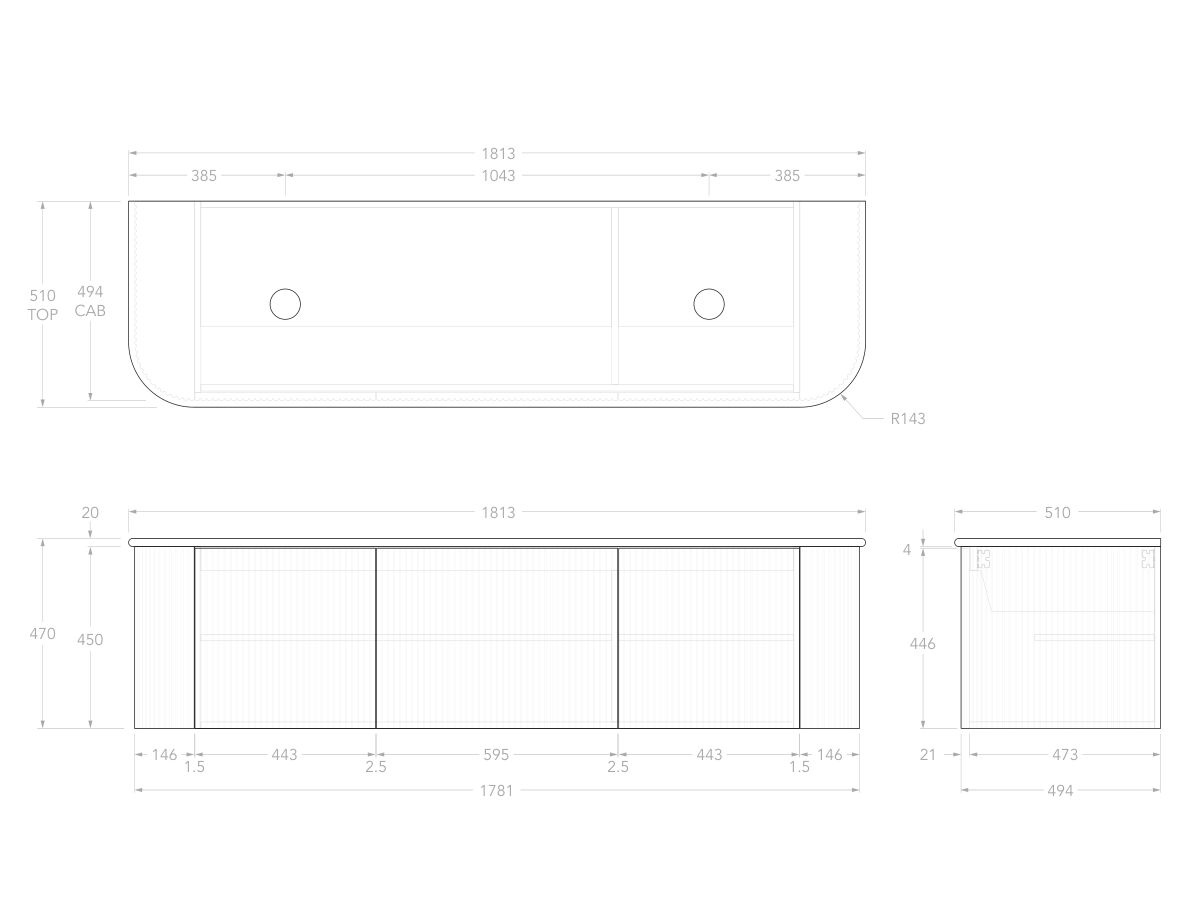 Technical Drawing - Kado Neue Fluted Double Curve All Door 1800mm Wall Hung Vanity with Double Basin 20mm Top