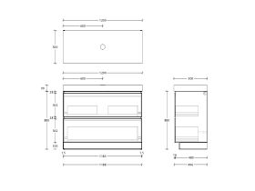 Technical Drawing - Posh Domaine All-Drawer Twin 1200mm Floor Mounted Vanity Unit Single Bowl 90mm Top