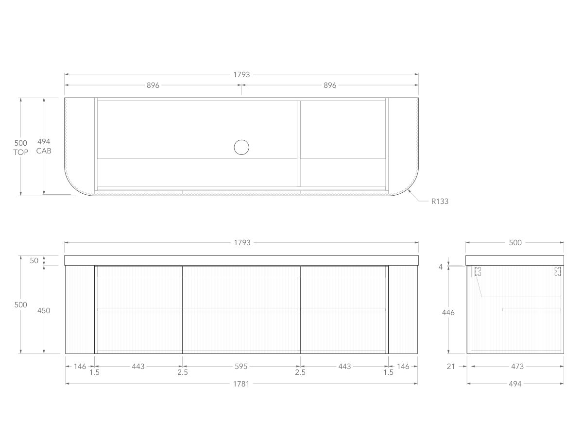 Technical Drawing - Kado Neue Fluted Double Curve All Door 1800mm Wall Hung Vanity with Centre Basin Durasein 50mm Top