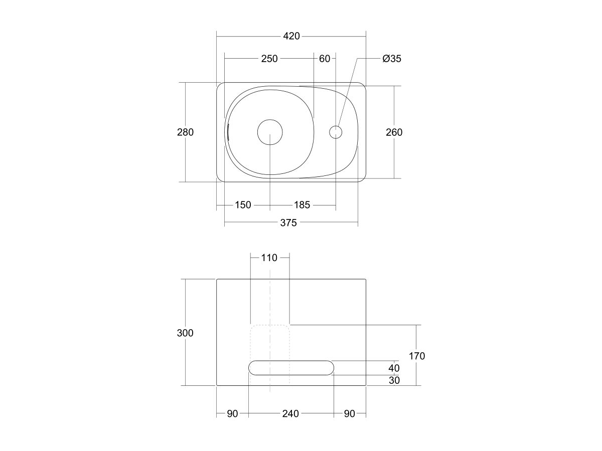 Kado Lussi 420mm Left Hand Wall Basin with Towel Rail and Overflow 1 Taphole Matte White Solid Surface