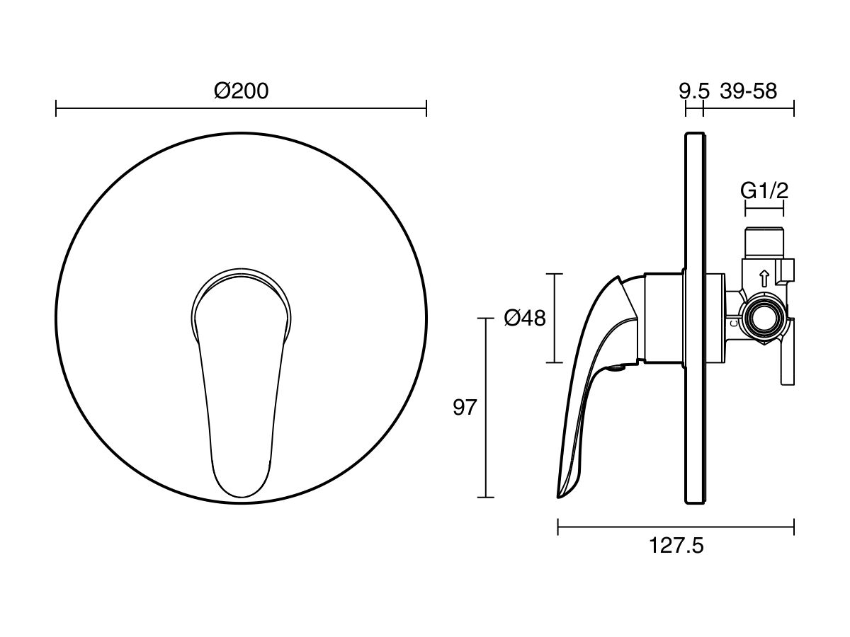 Technical Drawing - Posh Bristol Mk2 Shower Mixer Tap All Pressure with 200mm Cover Plate Chrome Lead Free