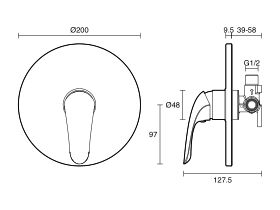 Technical Drawing - Posh Bristol Mk2 Shower Mixer Tap All Pressure with 200mm Cover Plate Chrome Lead Free