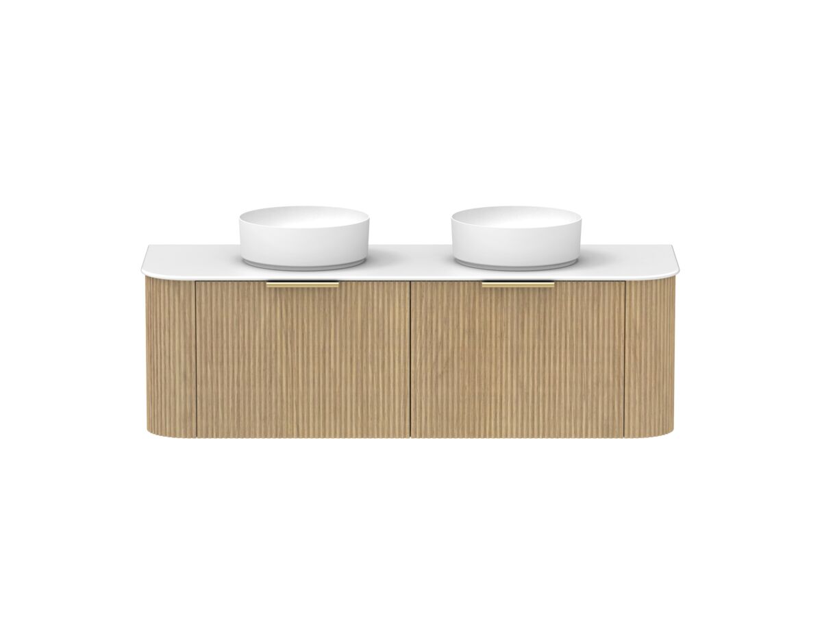Supporting Image - Kado Neue Fluted Double Curve All Drawer 1500 Wall Hung Vanity With Double Basin Durasein 12mm Top Boston Oak