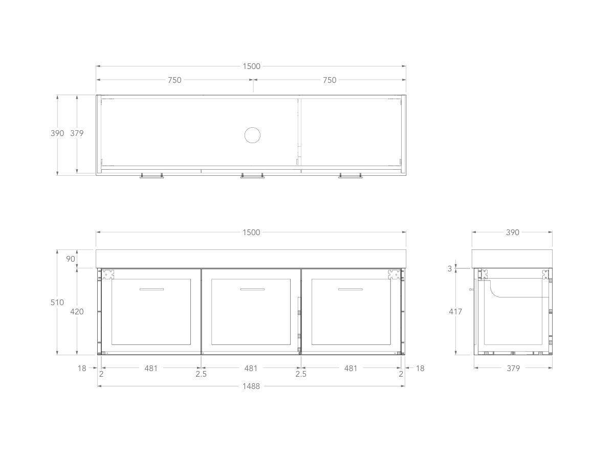 Technical Drawing - Kado Lux Ensuite All Door 1500mm Wall Hung Centre Basin 90mm Top