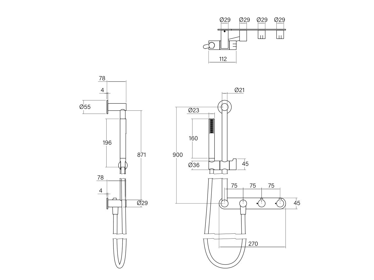 Technical Drawing - Faucet Strommen Vara Fin Wall Set with Single Rail Shower Tap System Chrome and Matte Black (3 Star) Lead Free