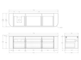 Technical Drawing - Kado Neue Fluted Double Curve All Drawer 1800mm Wall Hung Vanity with Left Hand Basin Durasein 50mm Top
