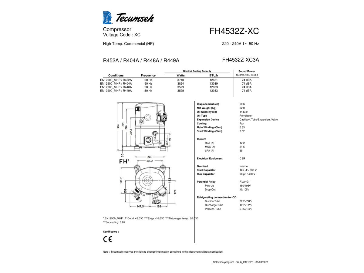 TECUMSEH COMPRESSOR 2.5HP R404 MHBP FH4532Z-XC