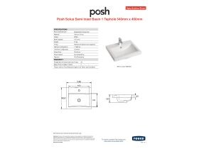 Specification Sheet - Posh Solus Semi Inset Basin 1 Taphole 540x450mm White