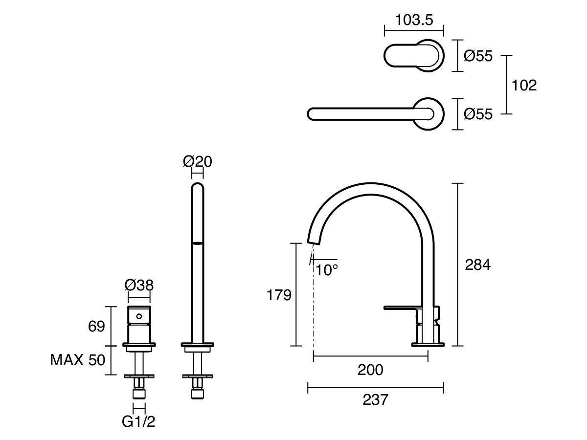Technical Drawing - Mizu Soothe MK2 Medium Height Hob Mixer Set (6 Star) Lead Free