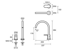 Technical Drawing - Mizu Soothe MK2 Medium Height Hob Mixer Set (6 Star) Lead Free