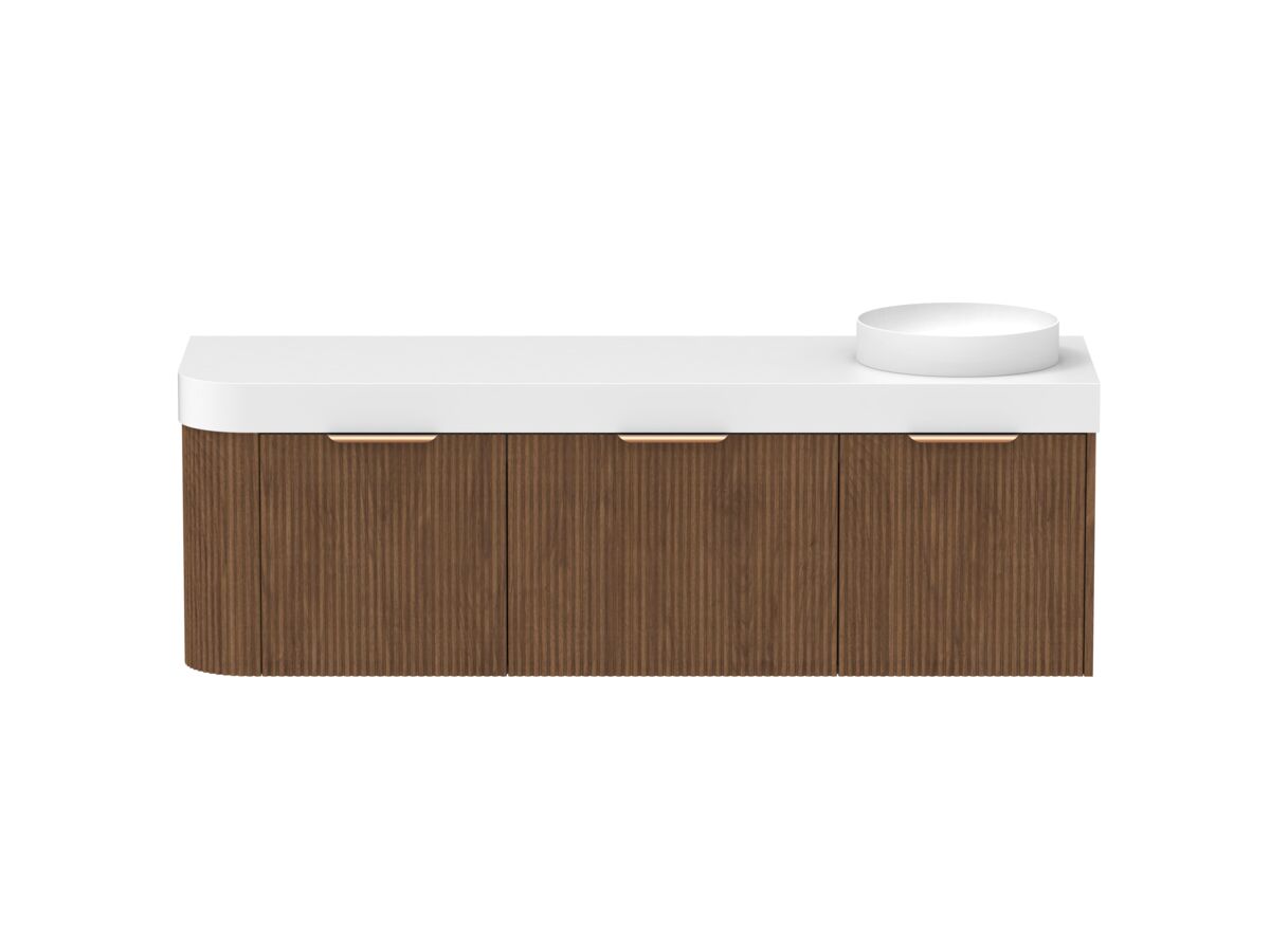 Supporting Image - Kado Neue Fluted Single Curve All Drawer 1650mm Wall Hung Vanity with Right Hand Basin Durasein 90mm Top Florentine Walnut