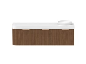 Supporting Image - Kado Neue Fluted Single Curve All Drawer 1650mm Wall Hung Vanity with Right Hand Basin Durasein 90mm Top Florentine Walnut