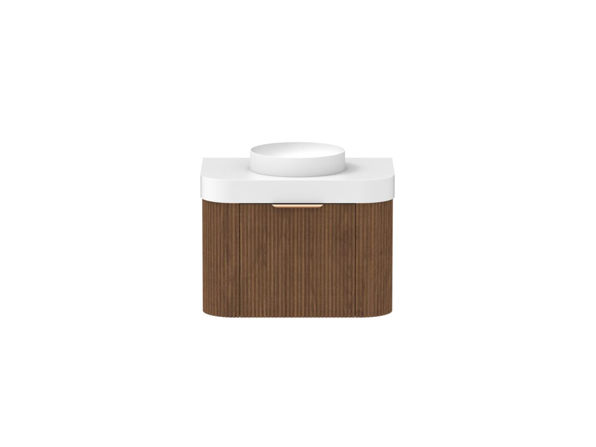 Hero - Kado Neue Fluted Double Curve All Drawer 750mm Wall Hung Vanity with Centre Basin Durasein 90mm Top Florentine Walnut