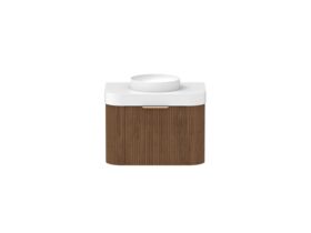 Hero - Kado Neue Fluted Double Curve All Drawer 750mm Wall Hung Vanity with Centre Basin Durasein 90mm Top Florentine Walnut