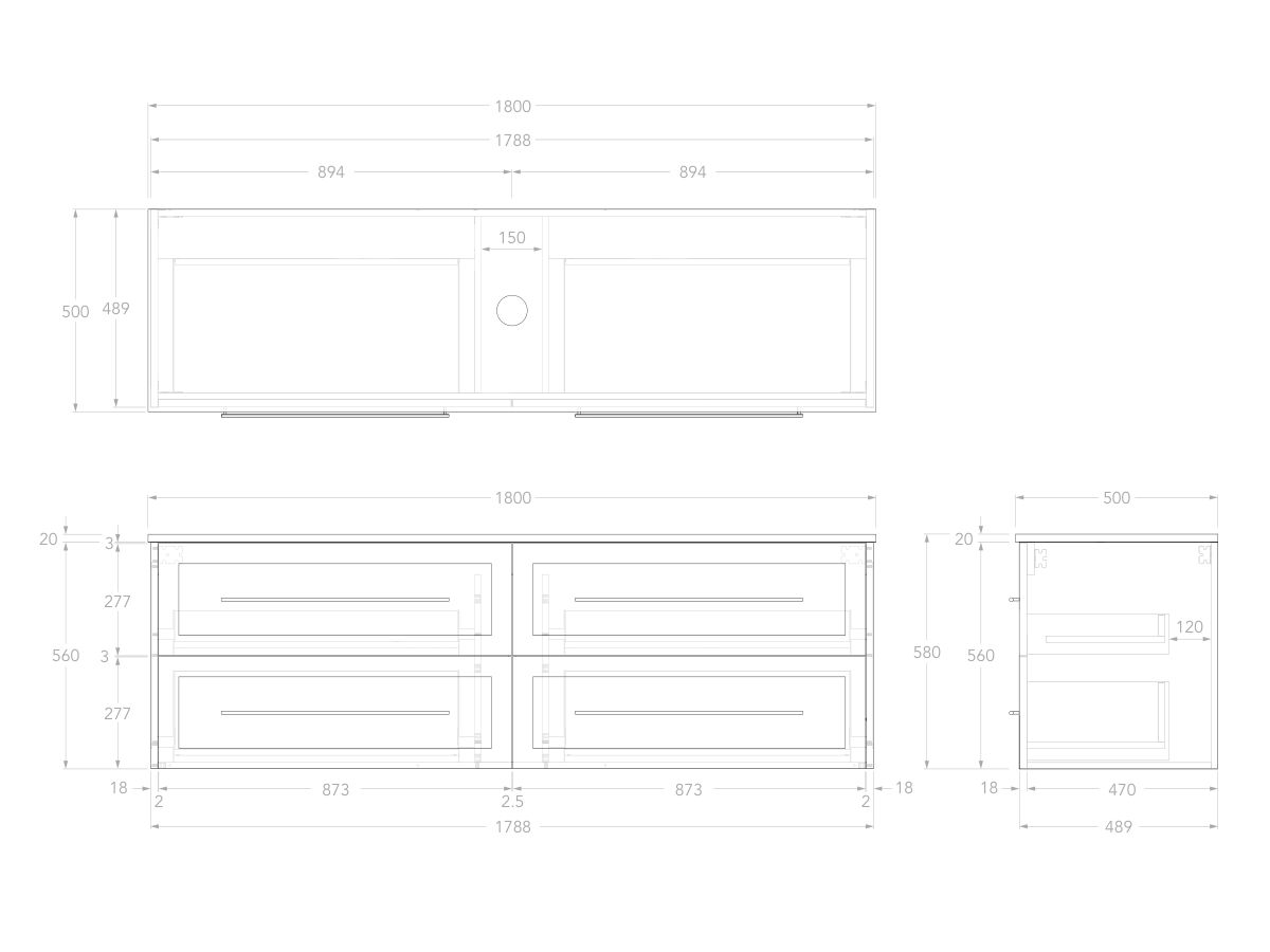 Technical Drawing - Kado Lux 1800mm All Drawer Wall Hung Vanity Unit 4 Drawers Centre Bowl Vanity 20mm Top