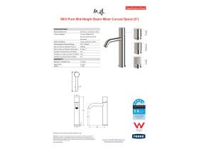 Specification Sheet - Milli Pure Medium Height Basin Mixer Tap Curved Spout (5 Star)