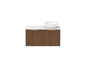 Supporting Image - Kado Neue Fluted Square 900mm Wall Hung Vanity with Right Basin Durasein 12mm Top Florentine Walnut