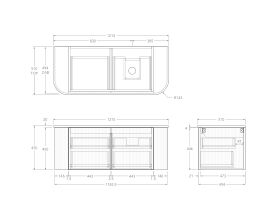 Technical Drawing - Kado Neue Fluted Double Curve All Drawer 1200 Wall Hung Vanity with Right Hand Basin 20mm